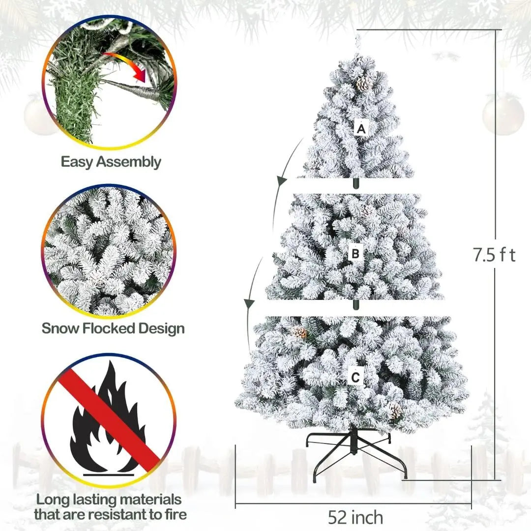 6.5'/7.5'/9' Snow Flocked Artificial Christmas Tree with Pine Cones, Metal Stand and Hinged Branches HYKOLITY