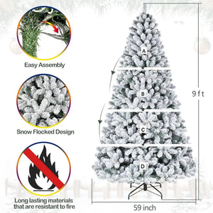 6.5'/7.5'/9' Snow Flocked Artificial Christmas Tree with Pine Cones, Metal Stand and Hinged Branches HYKOLITY