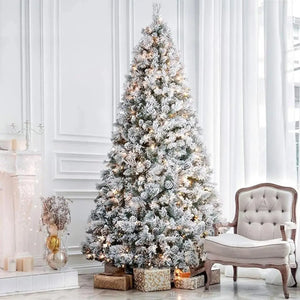 6.5'/7.5'/9' Snow Flocked Artificial Christmas Tree with Pine Cones, Metal Stand and Hinged Branches HYKOLITY