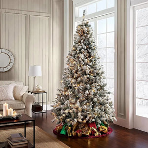 6.5'/7.5'/9' Snow Flocked Artificial Christmas Tree with Pine Cones, Metal Stand and Hinged Branches HYKOLITY