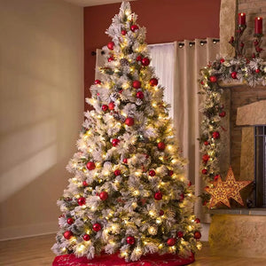 6.5'/7.5'/9' Snow Flocked Artificial Christmas Tree with Pine Cones, Metal Stand and Hinged Branches HYKOLITY