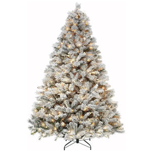 6'/7.5'/9' Snow Flocked Prelit Christmas Tree with Pine Cones, Warm White Lights, Metal Stand and Hinged Branches HYKOLITY