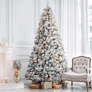 6'/7.5'/9' Snow Flocked Prelit Christmas Tree with Pine Cones, Warm White Lights, Metal Stand and Hinged Branches HYKOLITY