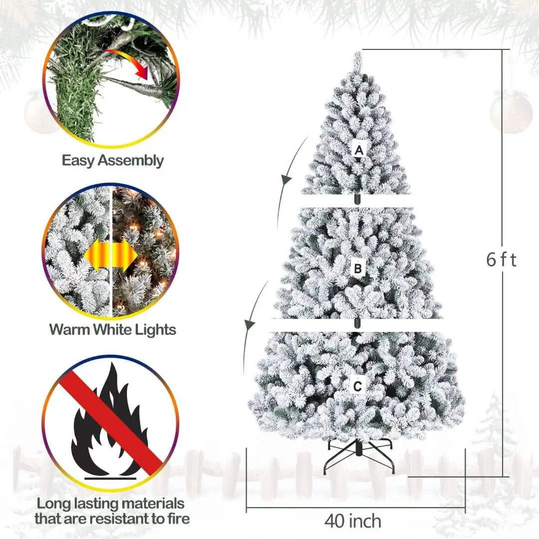 6'/7.5'/9' Snow Flocked Prelit Christmas Tree with Pine Cones, Warm White Lights, Metal Stand and Hinged Branches HYKOLITY