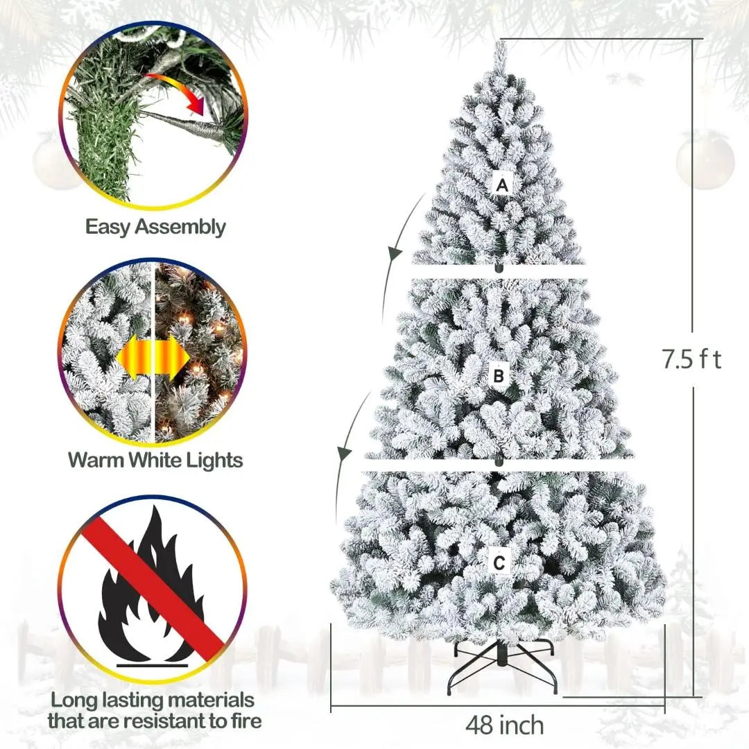 6'/7.5'/9' Snow Flocked Prelit Christmas Tree with Pine Cones, Warm White Lights, Metal Stand and Hinged Branches HYKOLITY