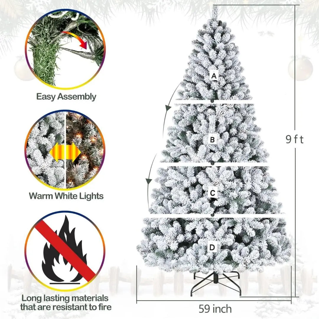 6'/7.5'/9' Snow Flocked Prelit Christmas Tree with Pine Cones, Warm White Lights, Metal Stand and Hinged Branches HYKOLITY