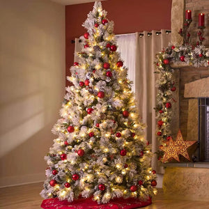 6'/7.5'/9' Snow Flocked Prelit Christmas Tree with Pine Cones, Warm White Lights, Metal Stand and Hinged Branches HYKOLITY