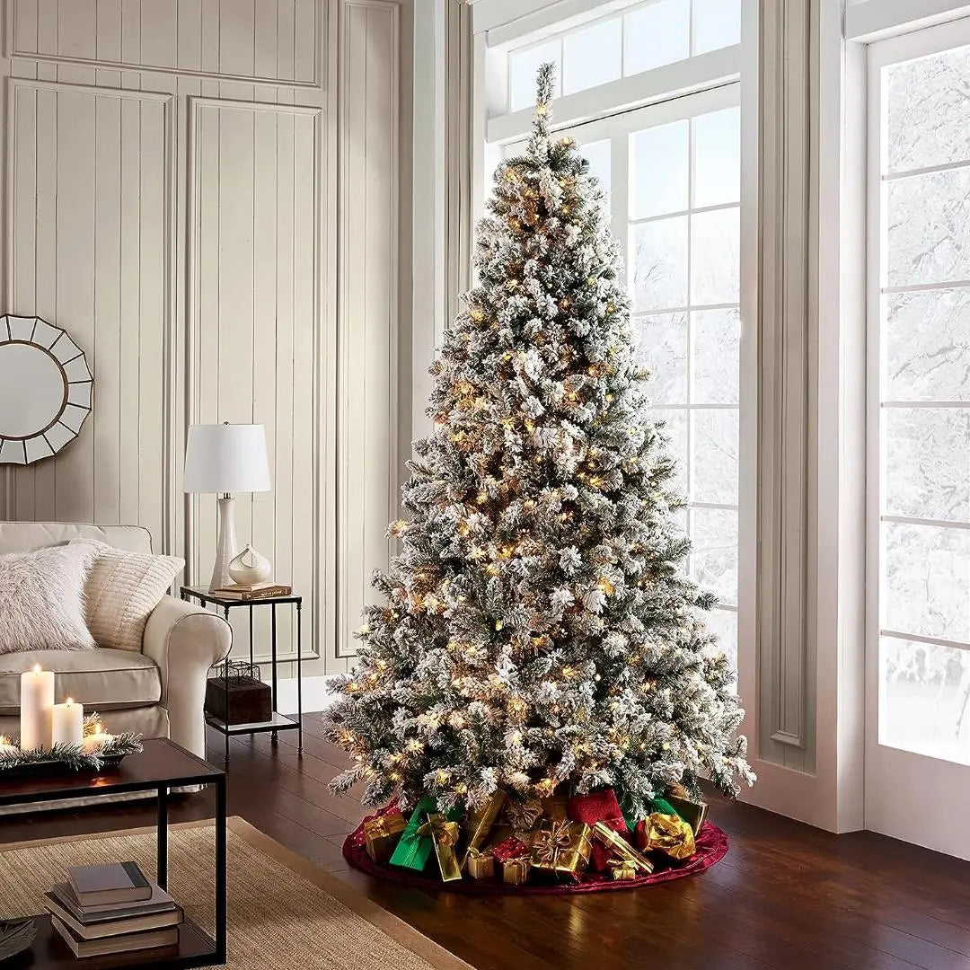 6'/7.5'/9' Snow Flocked Prelit Christmas Tree with Pine Cones, Warm White Lights, Metal Stand and Hinged Branches HYKOLITY