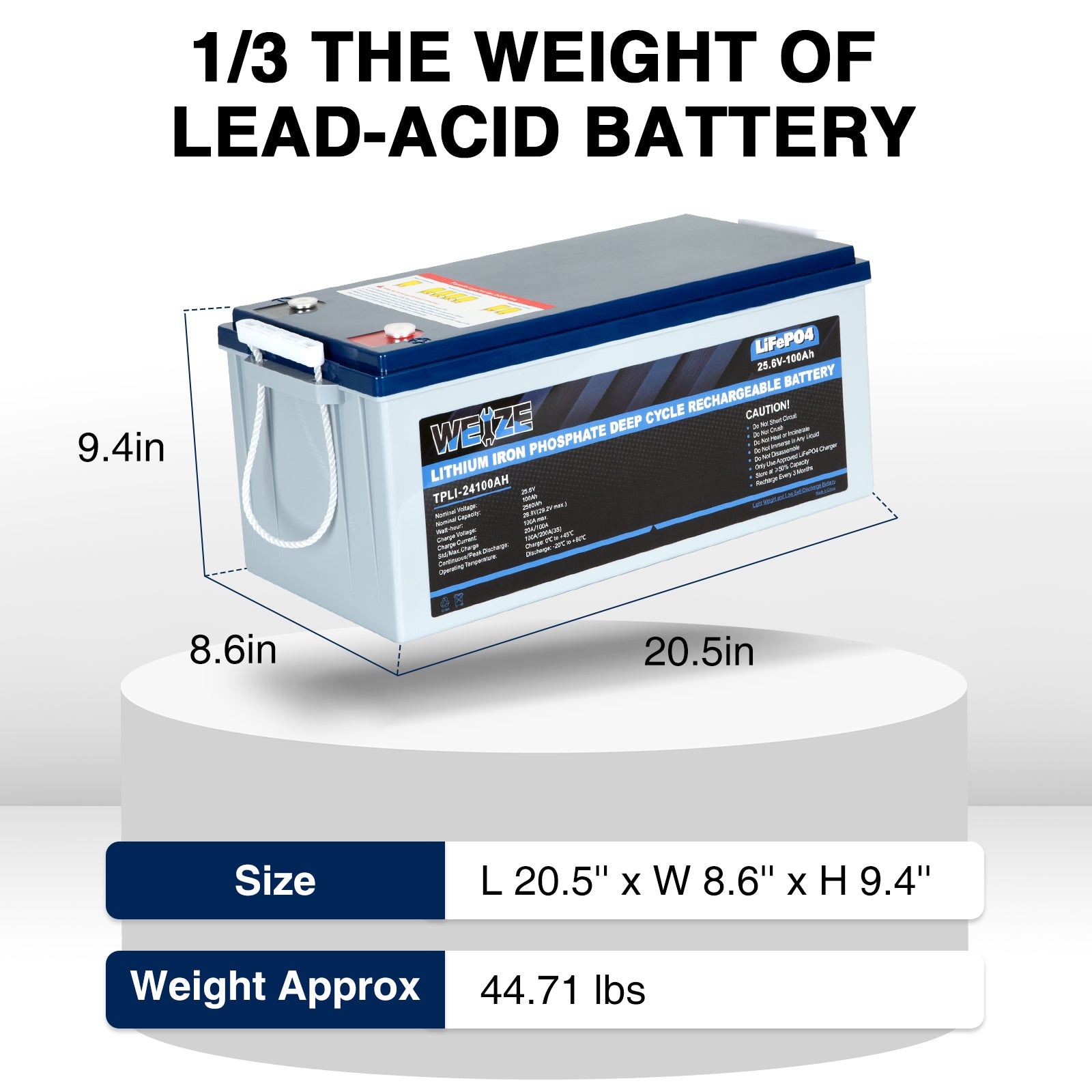 WEIZE 24V 100Ah 2560Wh Deep Cycle LiFePO4 Lithium Battery