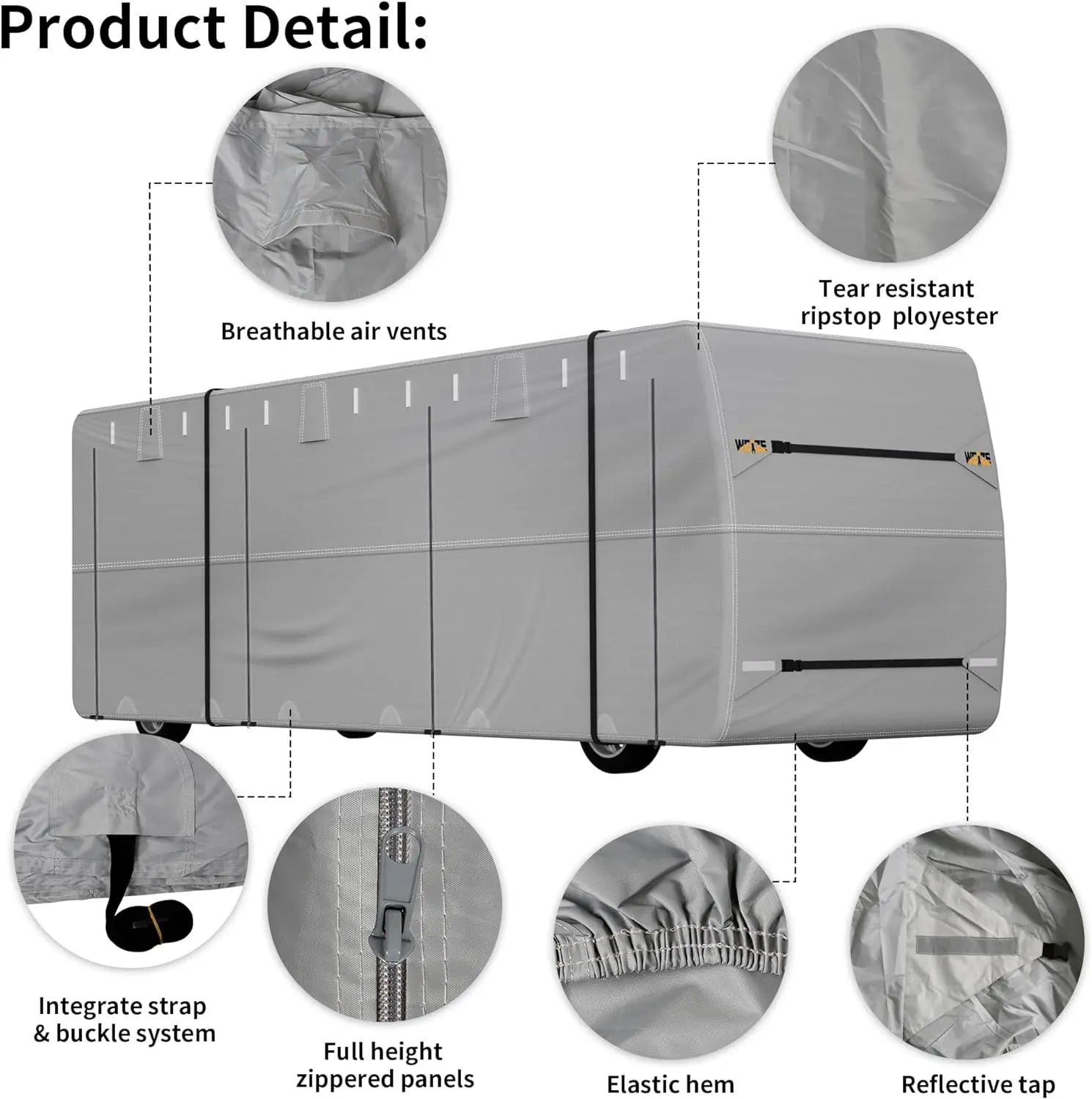 Class A RV Cover - Windproof Upgrade TOP 500D Oxford Camper Cover Breathable Tear-Resistance Waterproof Anti-UV, 2 Secure Straps,for 33-37ft Motorhome WEIZE