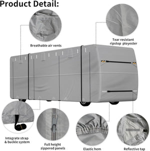 Class A RV Cover - Windproof Upgrade TOP 500D Oxford Camper Cover Breathable Tear-Resistance Waterproof Anti-UV, 2 Secure Straps,for 33-37ft Motorhome WEIZE