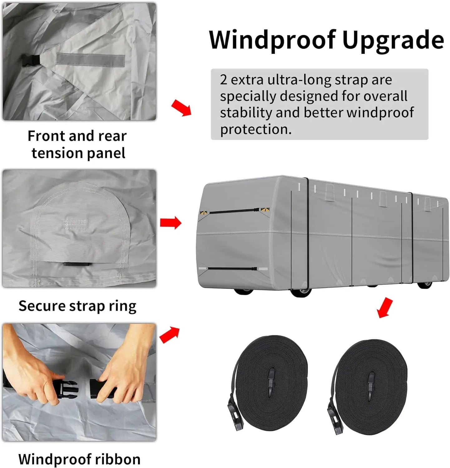 Class A RV Cover - Windproof Upgrade TOP 500D Oxford Camper Cover Breathable Tear-Resistance Waterproof Anti-UV, 2 Secure Straps,for 33-37ft Motorhome WEIZE