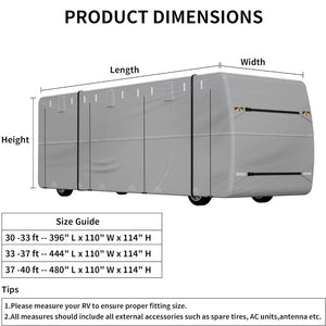 Class A RV Cover - Windproof Upgrade TOP 500D Oxford Camper Cover Breathable Tear-Resistance Waterproof Anti-UV, 2 Secure Straps,for 33-37ft Motorhome WEIZE