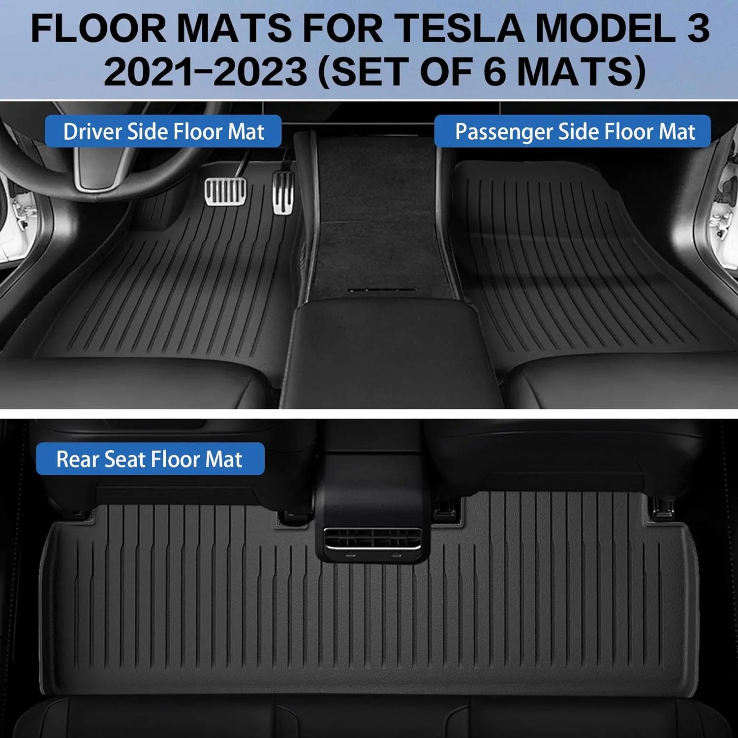 Floor Mats for Tesla Model 3 5-Seat 2021-2023 2022 All Weather TPE Cargo Liner Floor Mats and Cargo Trunk Mats Accessories, Set of 6 Mats WEIZE