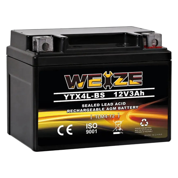 WEIZE YTX4L-BS 12V 3Ah High Performance-Rechargeable-Sealed Motorcycle Battery Compatible With Polaris Scrambler, Sportsman 90, Honda Scooters NQ50 Spree,Kawasaki 110 Can-Am DS70,Yamaha TTR125E/LE WEIZE