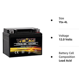 WEIZE YTX4L-BS 12V 3Ah High Performance-Rechargeable-Sealed Motorcycle Battery Compatible With Polaris Scrambler, Sportsman 90, Honda Scooters NQ50 Spree,Kawasaki 110 Can-Am DS70,Yamaha TTR125E/LE WEIZE