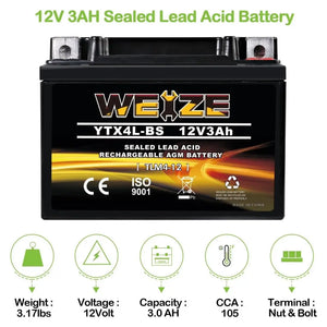 WEIZE YTX4L-BS 12V 3Ah High Performance-Rechargeable-Sealed Motorcycle Battery Compatible With Polaris Scrambler, Sportsman 90, Honda Scooters NQ50 Spree,Kawasaki 110 Can-Am DS70,Yamaha TTR125E/LE WEIZE