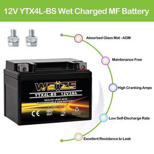 WEIZE YTX4L-BS 12V 3Ah High Performance-Rechargeable-Sealed Motorcycle Battery Compatible With Polaris Scrambler, Sportsman 90, Honda Scooters NQ50 Spree,Kawasaki 110 Can-Am DS70,Yamaha TTR125E/LE WEIZE