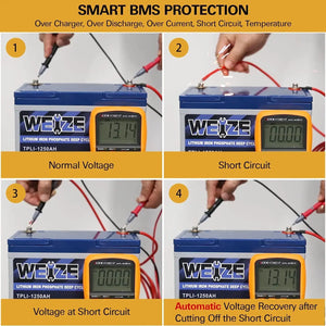 WEIZE 12V LiFePO4 Lithium Deep Cycle Battery, Built-in Smart BMS, 3%/Month Self-discharge Rate, 10 Years Warranty WEIZE