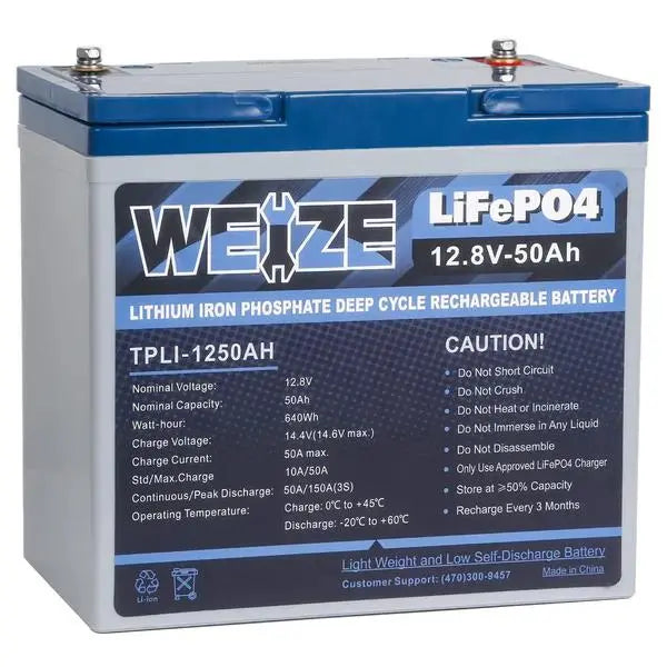 WEIZE 12V LiFePO4 Lithium Deep Cycle Battery, Built-in Smart BMS, 3%/Month Self-discharge Rate, 10 Years Warranty WEIZE