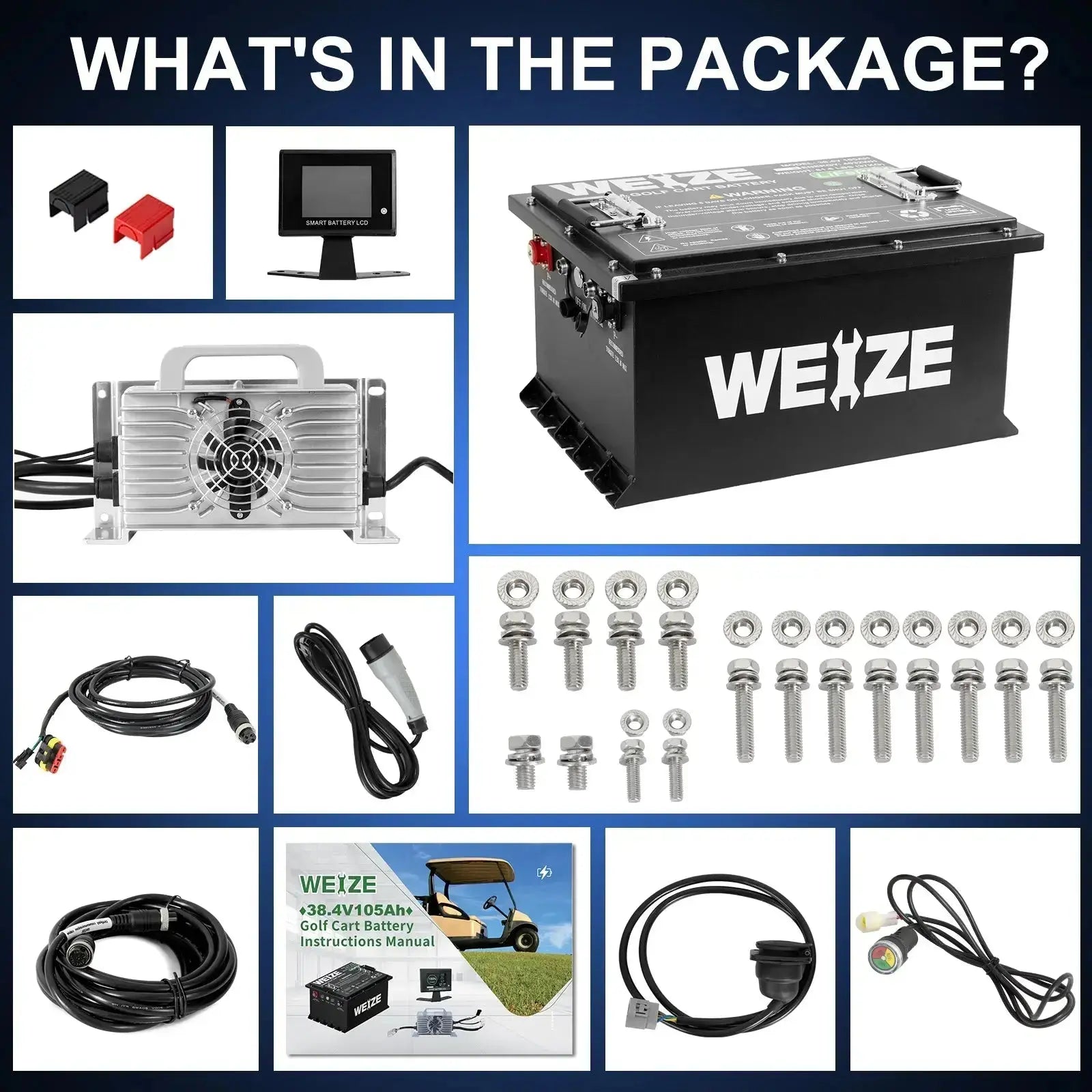 SALE - 36V(38.4V) 105AH LiFePO4 Golf Cart Battery, 4032Wh Bluetooth Lithium Battery - Complete Kit WEIZE