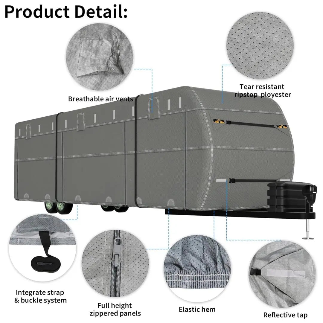 Travel Trailer Cover, Waterproof Camper RV Cover Non-Woven Fabric with Anti-UV, Fits 34-37ft Motorhome, Extra Windproof Straps, Gutter Covers WEIZE