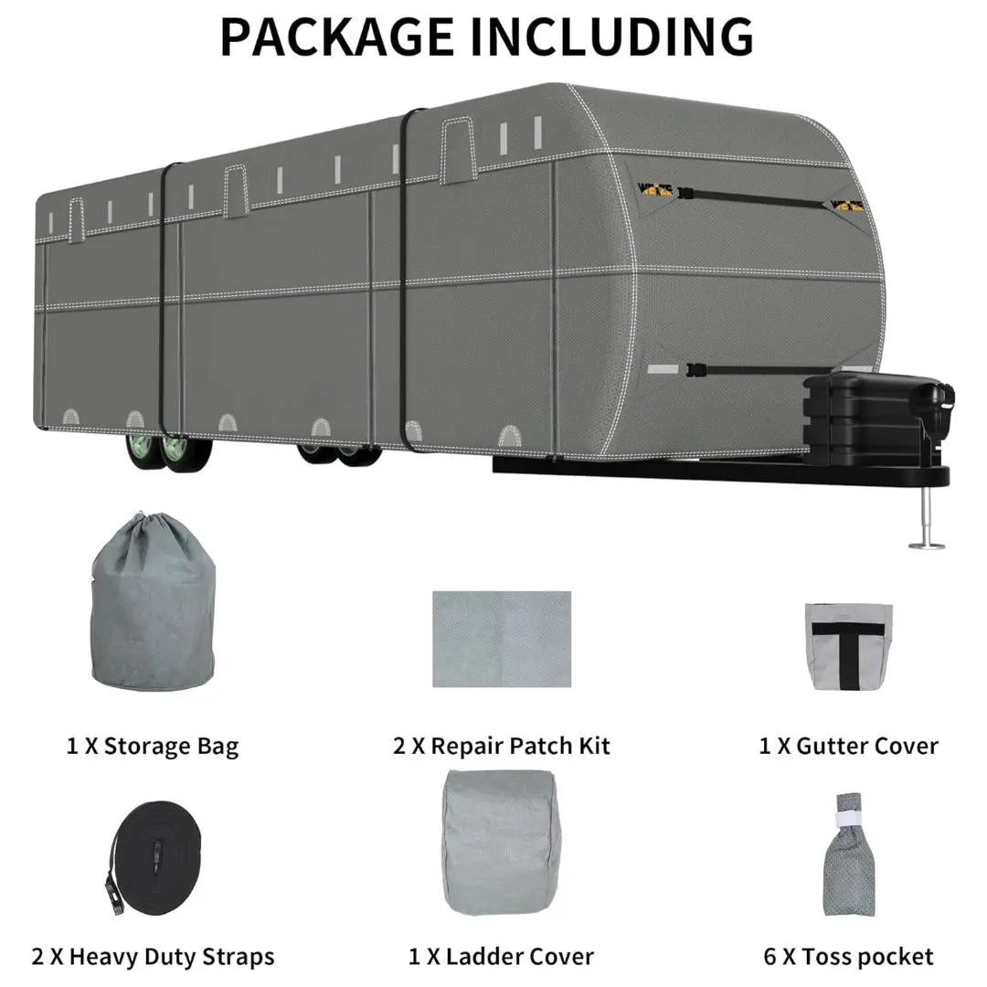 Travel Trailer Cover, Waterproof Camper RV Cover Non-Woven Fabric with Anti-UV, Fits 34-37ft Motorhome, Extra Windproof Straps, Gutter Covers WEIZE