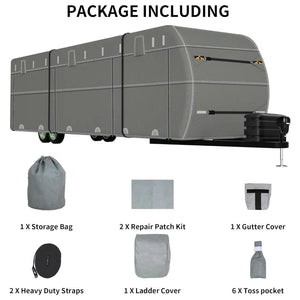 Travel Trailer Cover, Waterproof Camper RV Cover Non-Woven Fabric with Anti-UV, Fits 34-37ft Motorhome, Extra Windproof Straps, Gutter Covers WEIZE