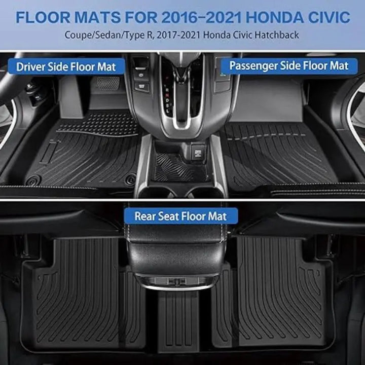 Floor Mats Fit for 2016-2021 Honda Civic Coupe/Sedan/Type R, 2017-2021 Honda Civic Hatchback All-Weather TPE Custom Fit, Car Floor Liner 1st & 2nd Row, Black WEIZE