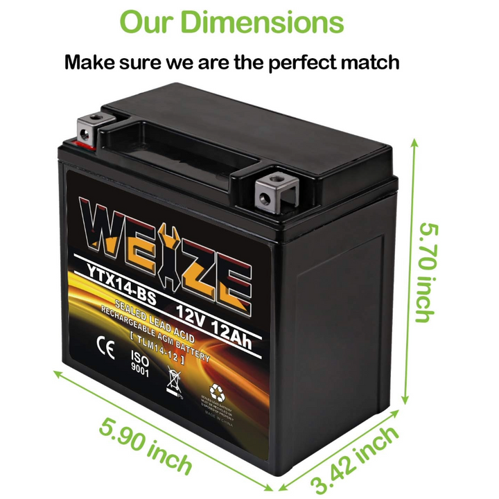 YTX14-BS High Performance - Maintenance Free - Sealed AGM Motorcycle  Battery 