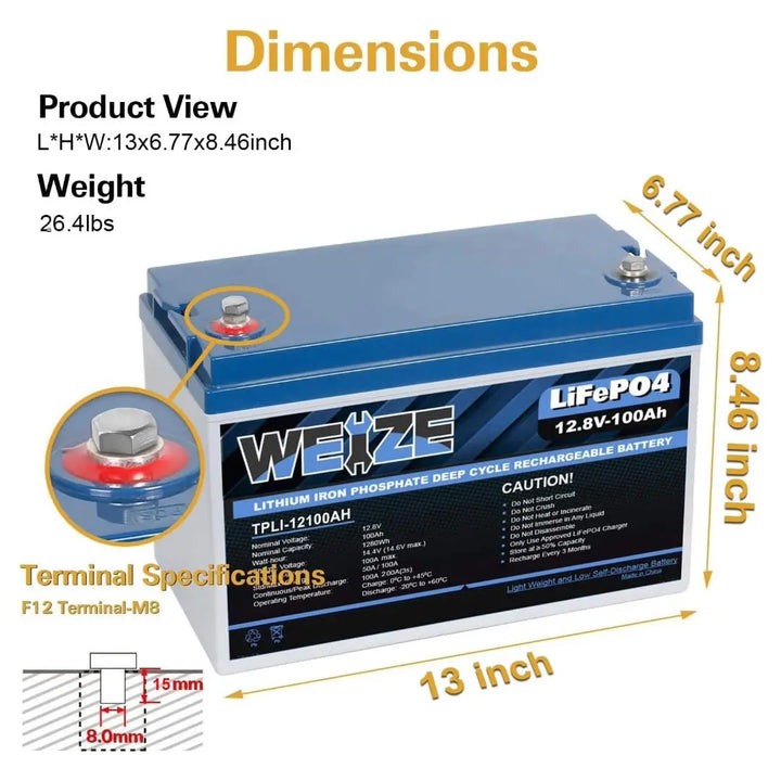 WEIZE 12V 100Ah 1280Wh Lithium Battery, Group 31 Deep Cycle LiFePO4 Battery for Trolling Motor, RV, Solar, Marine, Camping and Off Grid Applications WEIZE