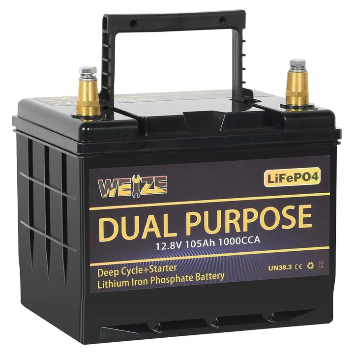 WEIZE 12V 105AH Dual Purpose LiFePO4 Lithium Battery, Starter & Deep Cycle, Marine & RV Battery - WEIZE