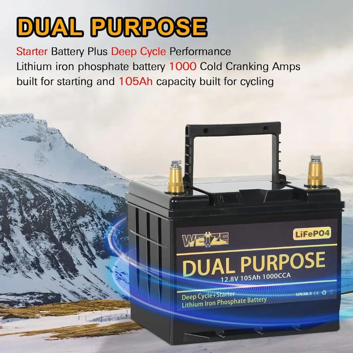 WEIZE 12V 105AH Dual Purpose LiFePO4 Lithium Battery, Starter & Deep Cycle, Marine & RV Battery - WEIZE