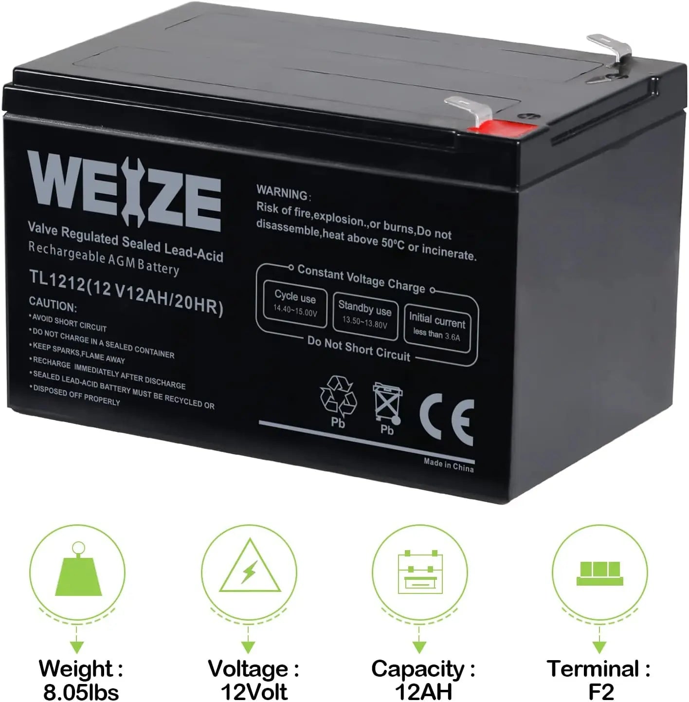 WEIZE 12V 12Ah AGM SLA Deep Cycle Battery with F2 Terminals, Replaces BP12-12,GP12120,GS12V12AH,6-DW-12 WEIZE