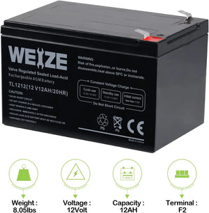 WEIZE 12V 12Ah AGM SLA Deep Cycle Battery with F2 Terminals, Replaces BP12-12,GP12120,GS12V12AH,6-DW-12 WEIZE