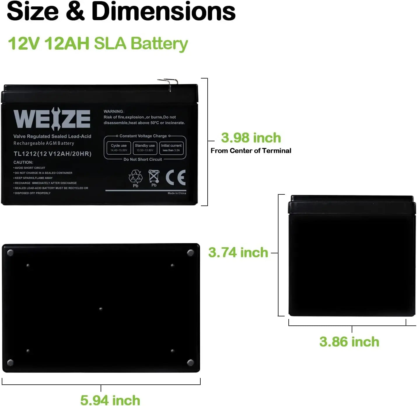 WEIZE 12V 12Ah AGM SLA Deep Cycle Battery with F2 Terminals, Replaces BP12-12,GP12120,GS12V12AH,6-DW-12 WEIZE