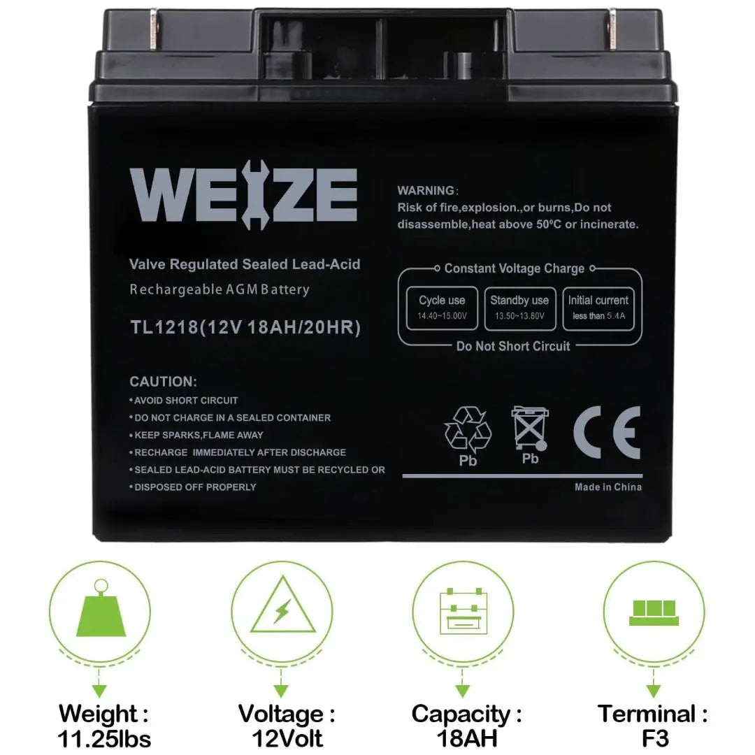 WEIZE 12V 18Ah AGM SLA Deep Cycle Battery with Nut and Bolt (NB) Terminal, Replaces UB12180 FM12180 6fm18 WEIZE