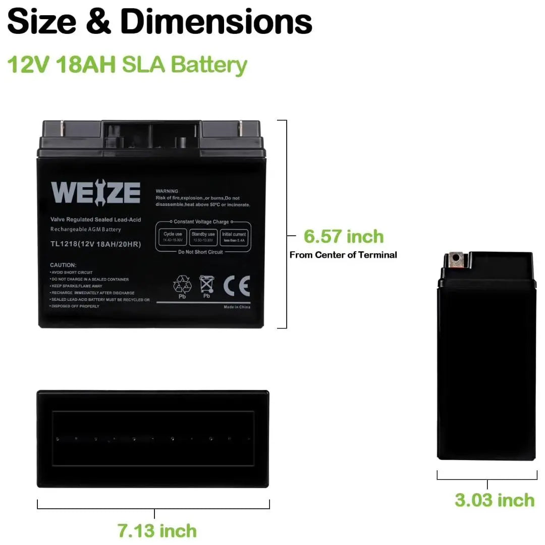 WEIZE 12V 18Ah AGM SLA Deep Cycle Battery with Nut and Bolt (NB) Terminal, Replaces UB12180 FM12180 6fm18 WEIZE