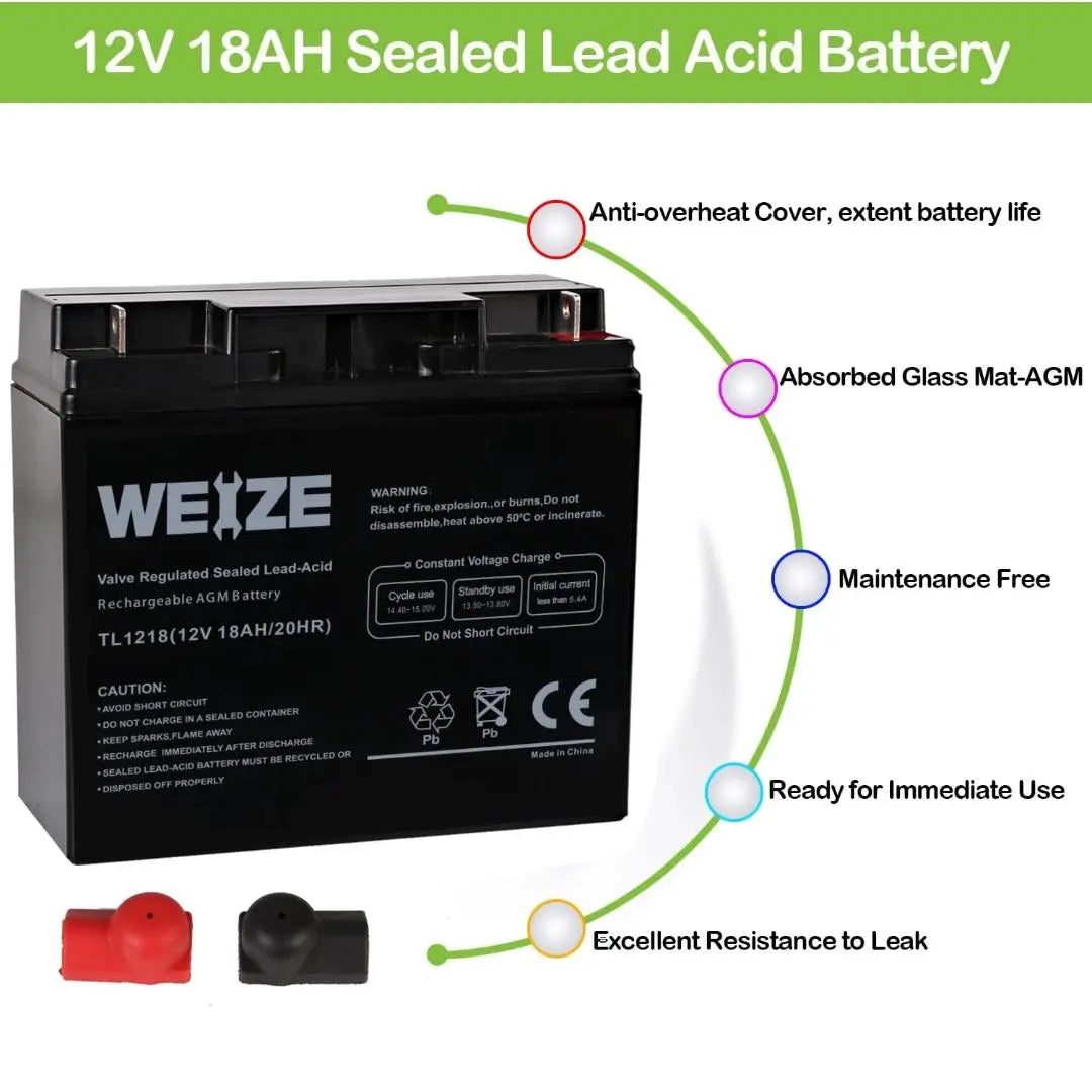 WEIZE 12V 18Ah AGM SLA Deep Cycle Battery with Nut and Bolt (NB) Terminal, Replaces UB12180 FM12180 6fm18 WEIZE