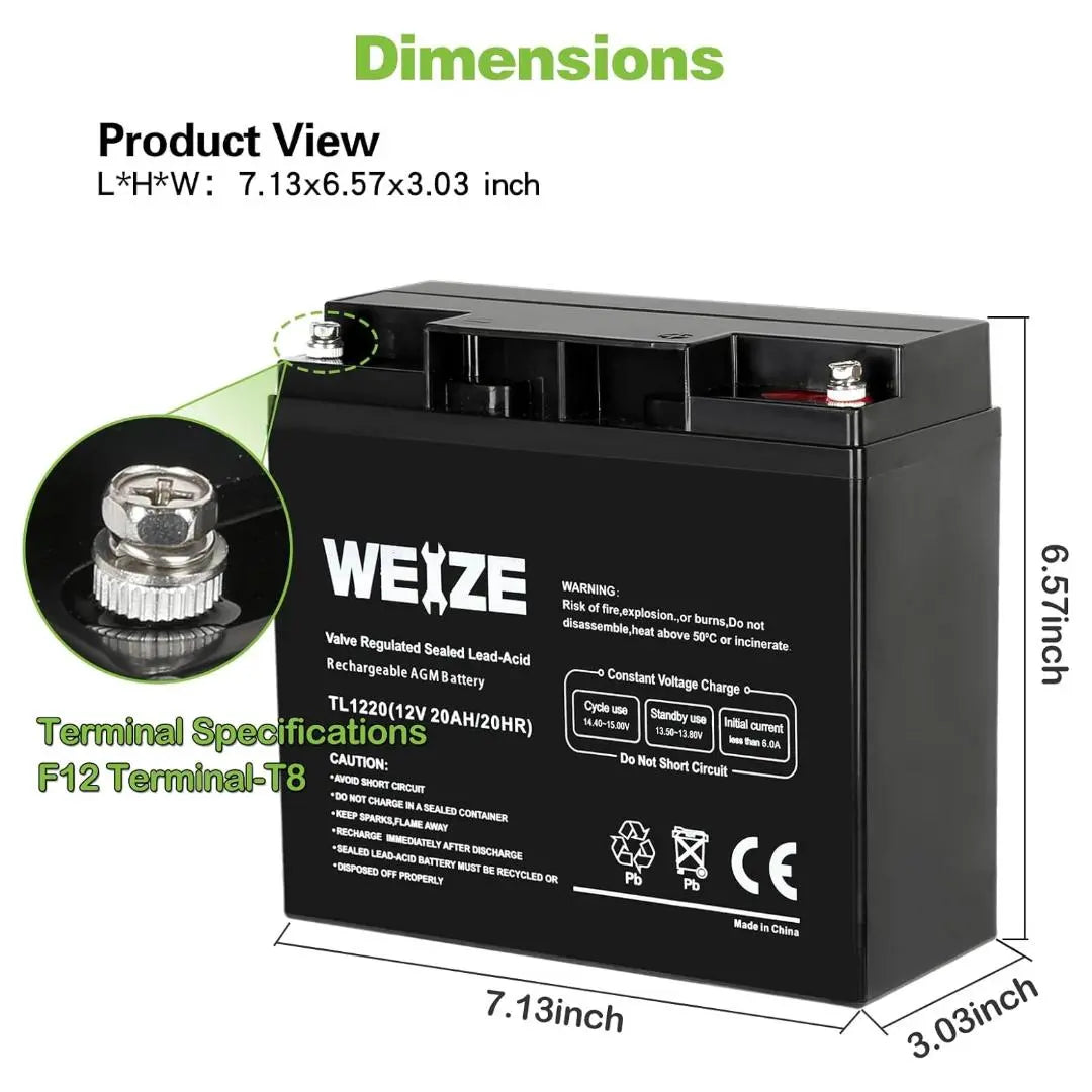 WEIZE 12V 20Ah AGM SLA Deep Cycle Battery, Replaces UB12200 FM12200 6fm20 EXP12200 12V 20Ah 22Ah Batteries WEIZE