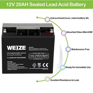 WEIZE 12V 20Ah AGM SLA Deep Cycle Battery, Replaces UB12200 FM12200 6fm20 EXP12200 12V 20Ah 22Ah Batteries WEIZE