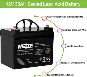 WEIZE 12V 35Ah AGM SLA Deep Cycle Battery, Replaces 12V 33Ah 34Ah 36Ah 30Ah, in Series 24V 36V 48V for Power Patrol SLA1156 Ritar RA12-33 Renogy PV Solar Panels Bat-Caddy X3R Golf Caddy WEIZE