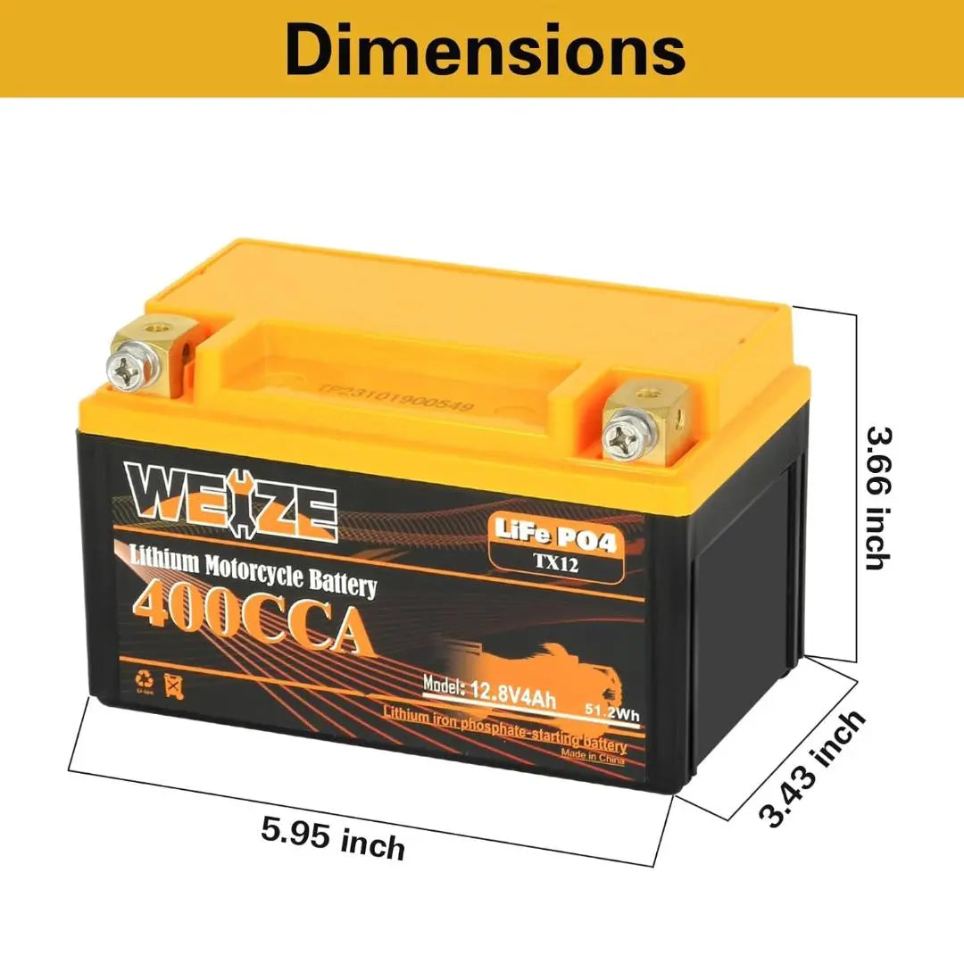 WEIZE 12V 4AH 400CCA LiFePO4 Lithium Motorcycle Battery WEIZE