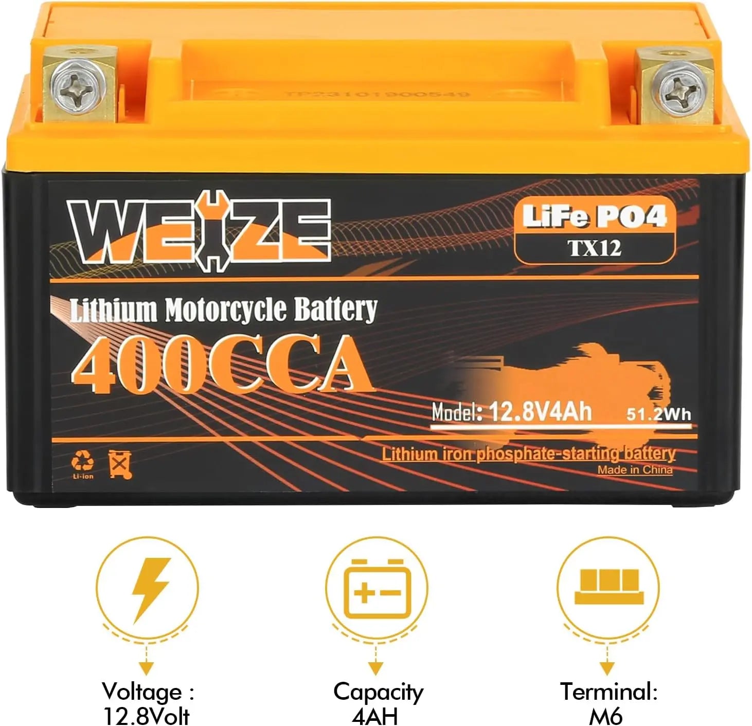 WEIZE 12V 4AH 400CCA LiFePO4 Lithium Motorcycle Battery WEIZE