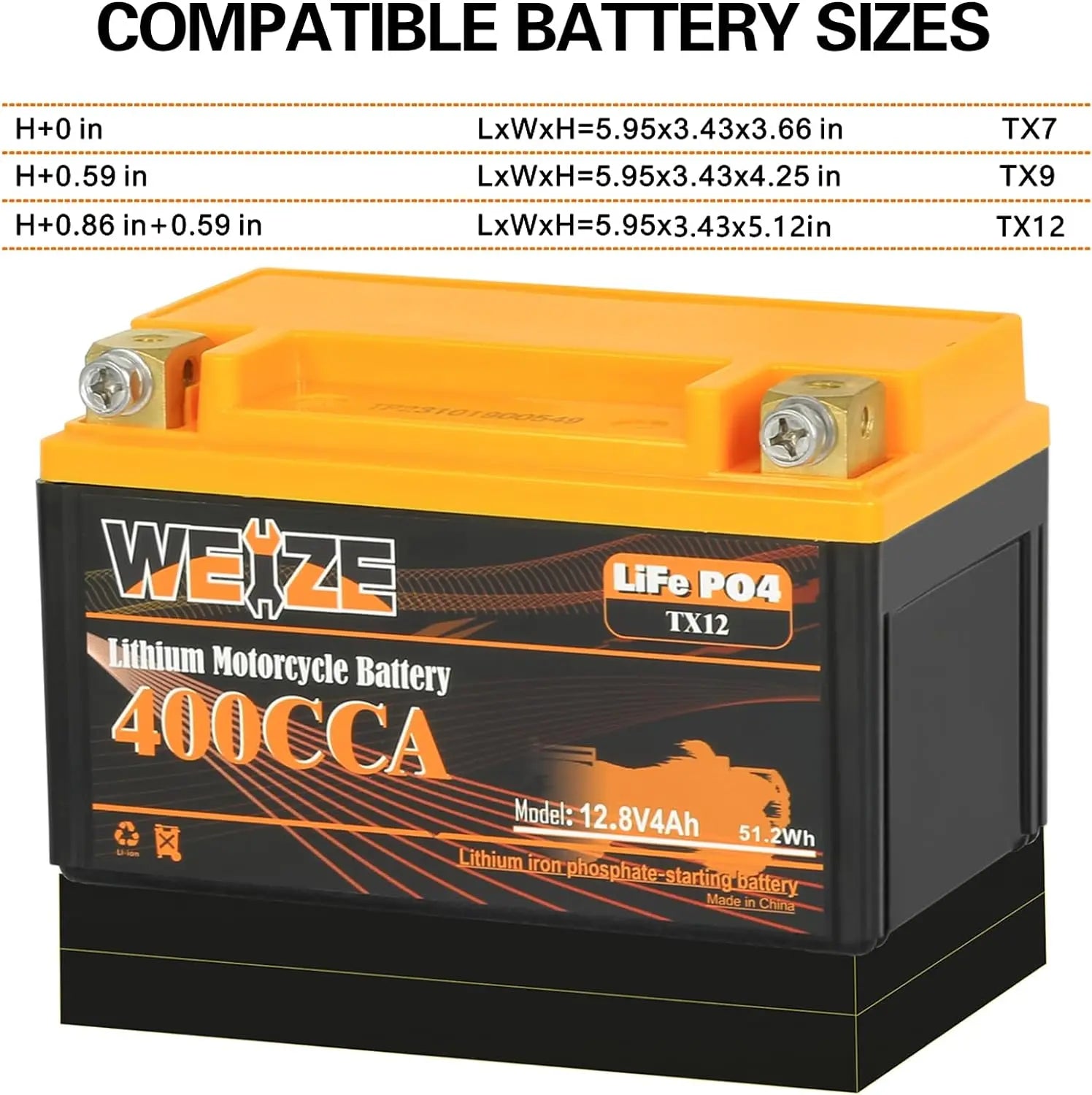 WEIZE 12V 4AH 400CCA LiFePO4 Lithium Motorcycle Battery WEIZE