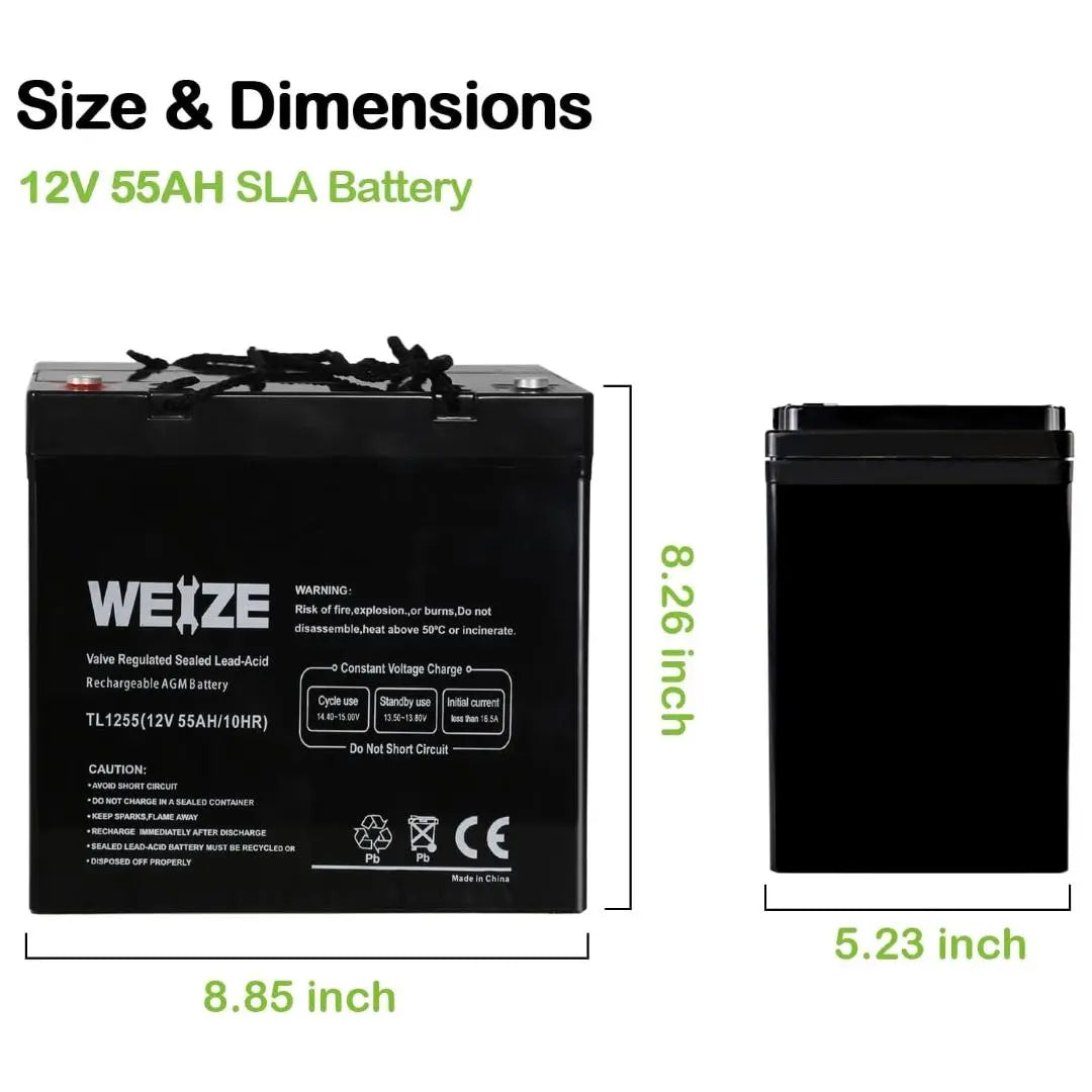 WEIZE 12V 55Ah AGM SLA Deep Cycle Battery UB12550 for Scooter, Wheelchair, Mobility Emergency UPS System, Trolling Motor WEIZE