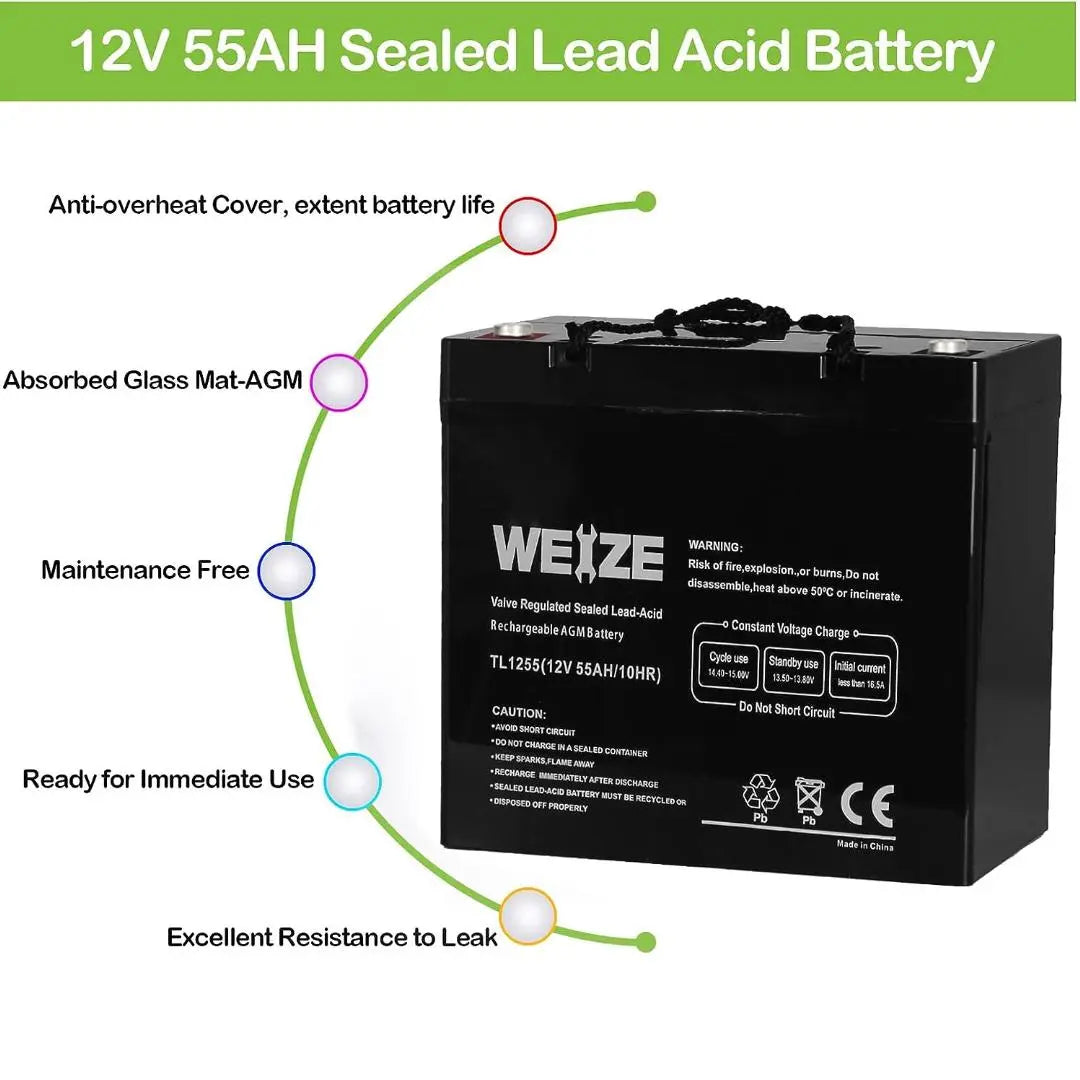 WEIZE 12V 55Ah AGM SLA Deep Cycle Battery UB12550 for Scooter, Wheelchair, Mobility Emergency UPS System, Trolling Motor WEIZE