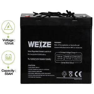 WEIZE 12V 55Ah AGM SLA Deep Cycle Battery UB12550 for Scooter, Wheelchair, Mobility Emergency UPS System, Trolling Motor WEIZE