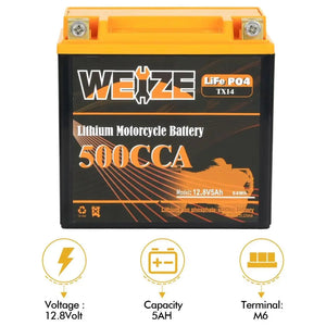 WEIZE 12V 5AH Lithium Group 14, 500CCA LiFePO4 Motorcycle Battery WEIZE