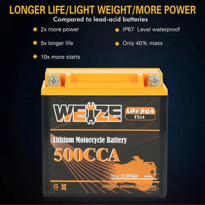 WEIZE 12V 5AH Lithium Group 14, 500CCA LiFePO4 Motorcycle Battery WEIZE